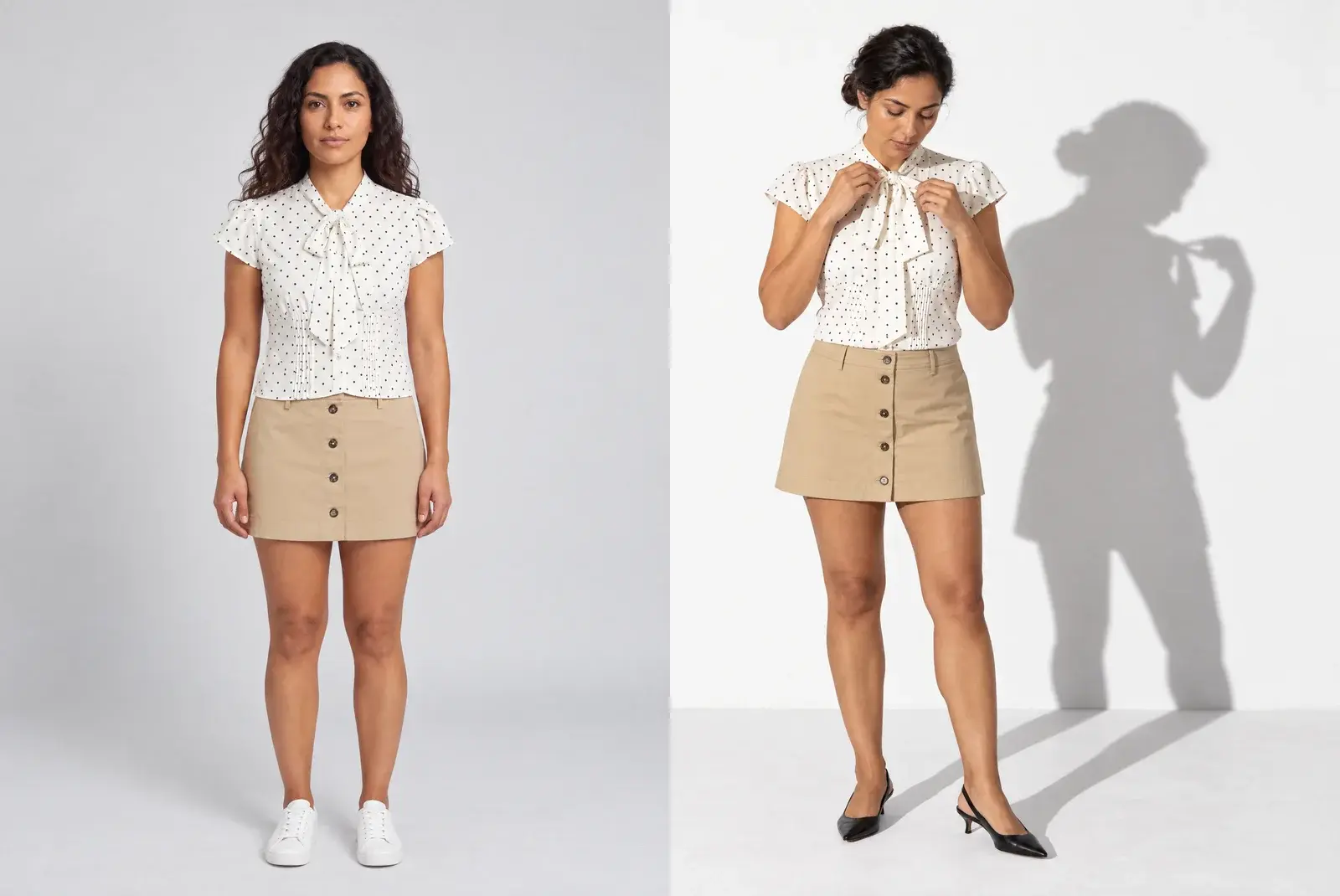 The same polka-dot blouse and khaki mini skirt generated with GPT Image 2.5: a flat grey studio frame from a one-line prompt beside hard side light and a long wall shadow from an art direction