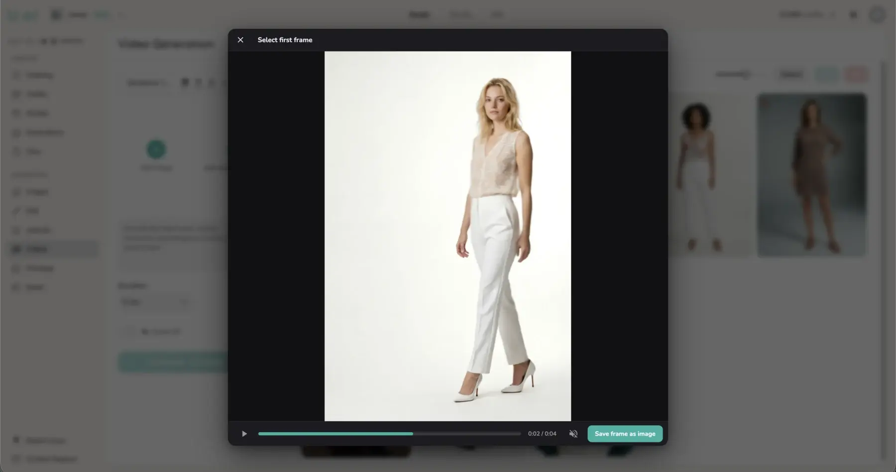 Uwear frame picker modal showing a generated fashion video paused at two seconds with a save frame as image action