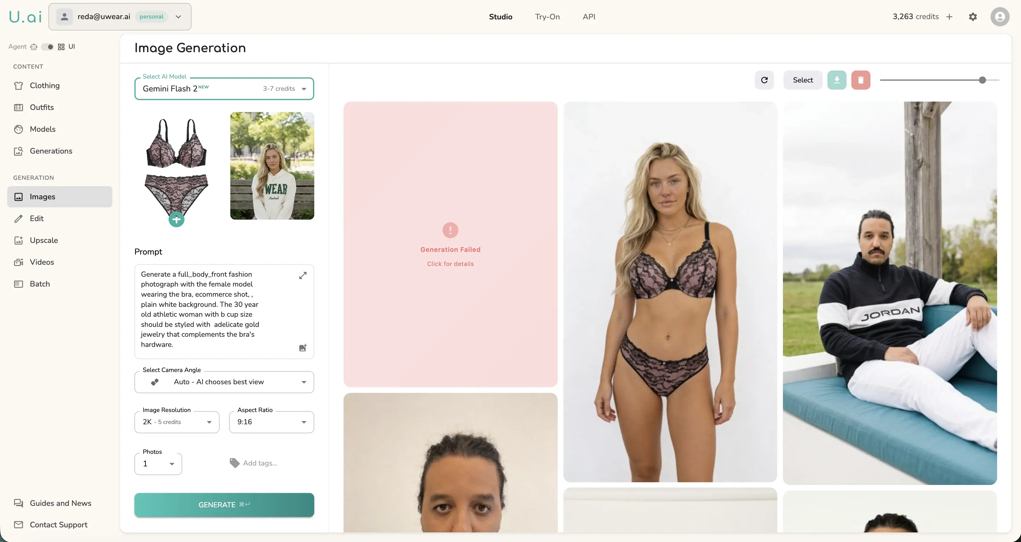 Uwear Studio screenshot showing Gemini Flash 2 returning a Generation Failed error on a lingerie bra photo, while SeedDream 4.5 successfully generates the same product on a model