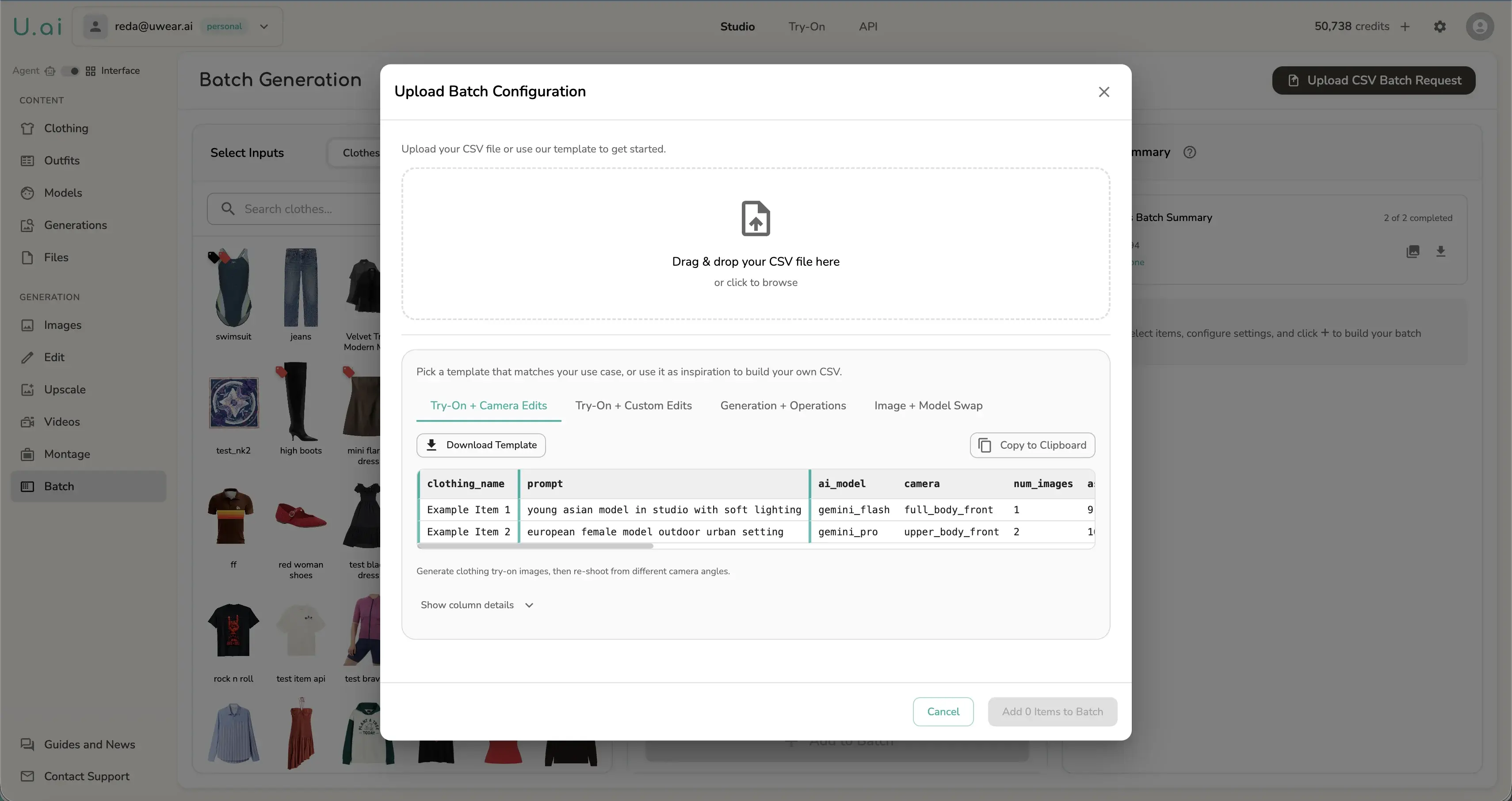 Uwear Batch Upload modal showing four CSV template tabs: Try-On + Camera Edits, Try-On + Custom Edits, Generation + Operations, and Image / Model Swap