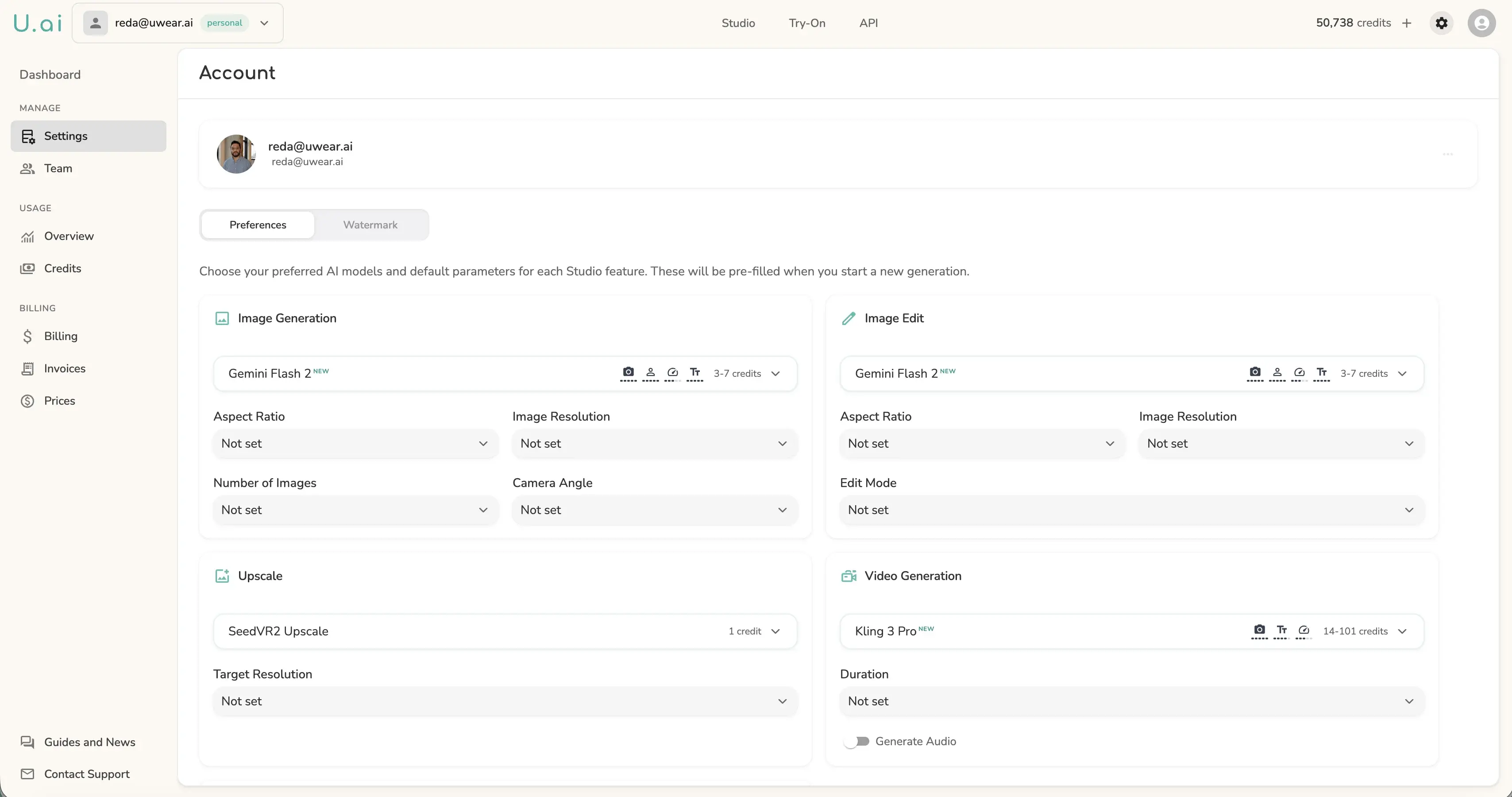 Uwear Settings Preferences tab showing default generation parameters for Image Generation, Image Edit, Upscale, and Video operations