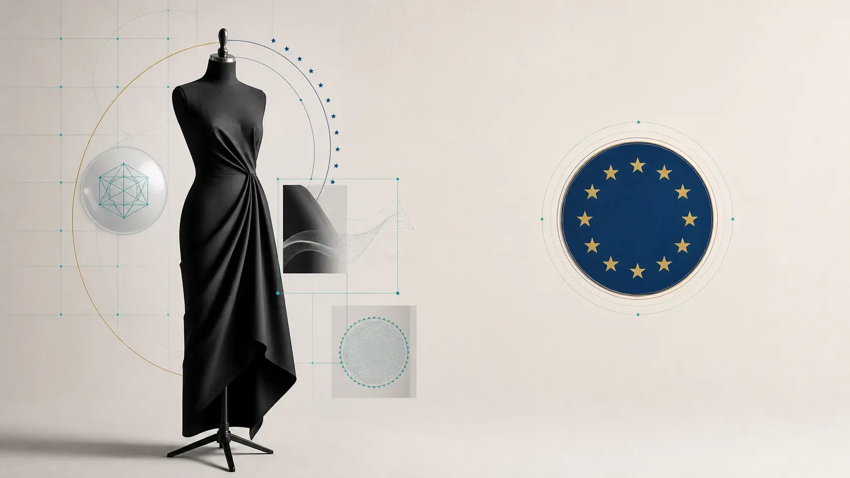 Minimalistische Mode-Provenienzszene mit Uwear-Verifikationsknoten und EU-Compliance-Emblem