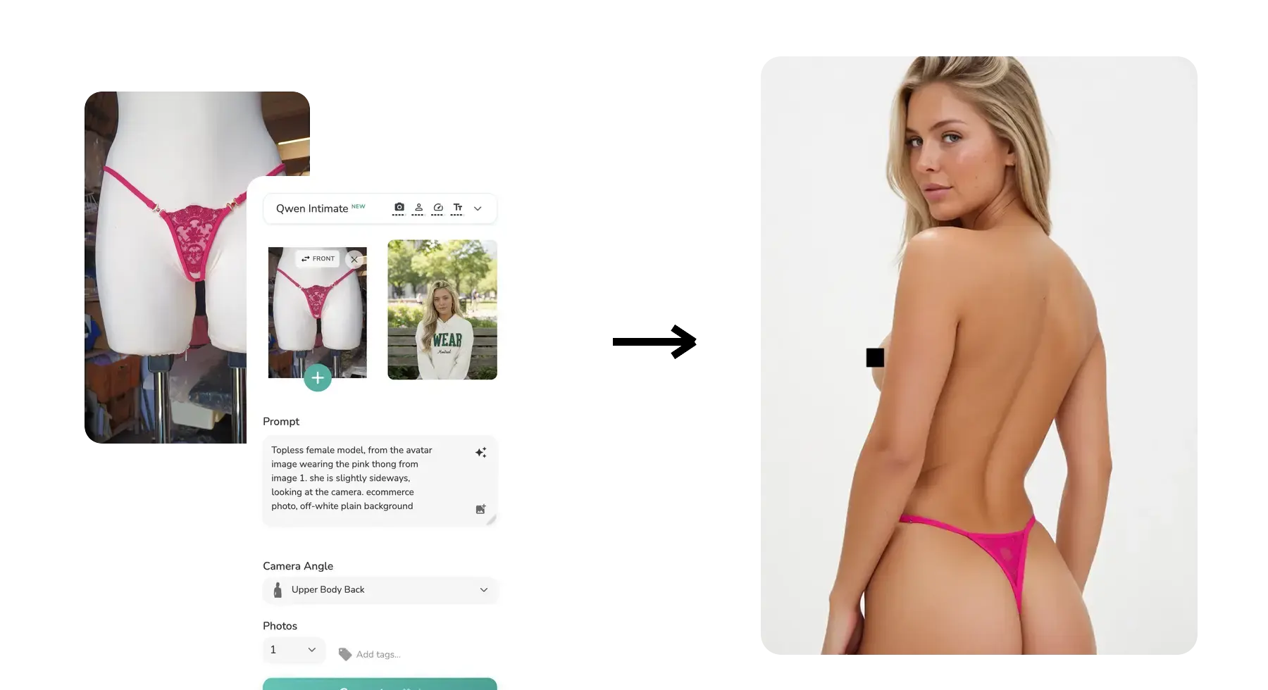 Composite hero showing a thong product input, avatar reference, Qwen Intimate prompt workflow, and the final on-model generation result