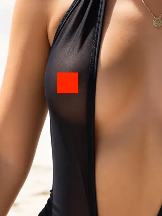 Close-up crop of the black mesh swimsuit showing fabric transparency and seam detail