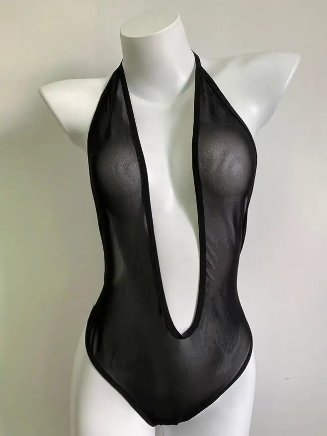 Black mesh one-piece swimsuit photographed on a mannequin before Qwen Intimate generation
