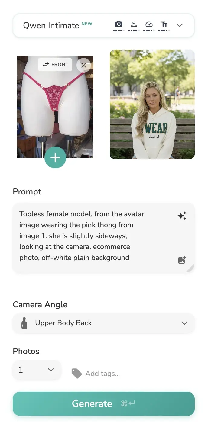 Qwen Intimate selected in Uwear Studio with a product image, avatar image, prompt box, and Enhance icon visible