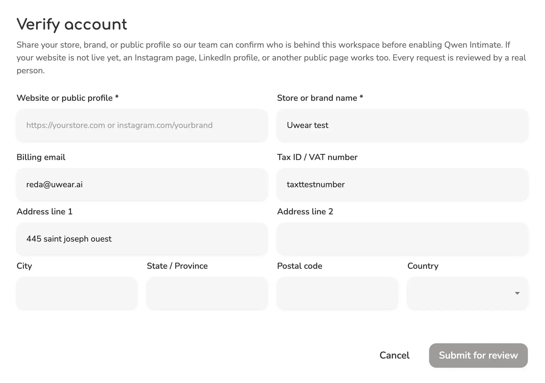 Uwear verification modal asking for a website or public profile before enabling Qwen Intimate