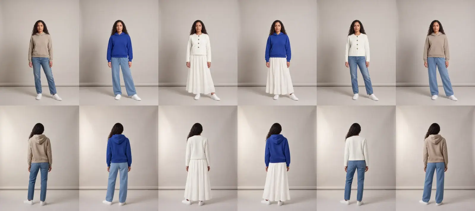 The same model in the same front and back poses and grey paper studio, wearing six outfits: the original taupe hoodie and jeans, then five outfits put on by a Uwear automation with GPT Image 2.5