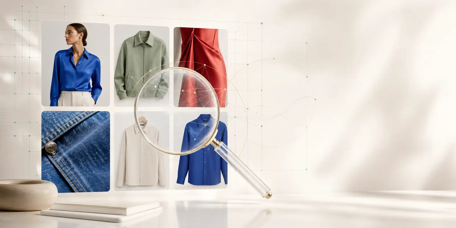 Minimalist fashion asset search scene with product photo thumbnails, a magnifying glass, and embedding-style connection nodes