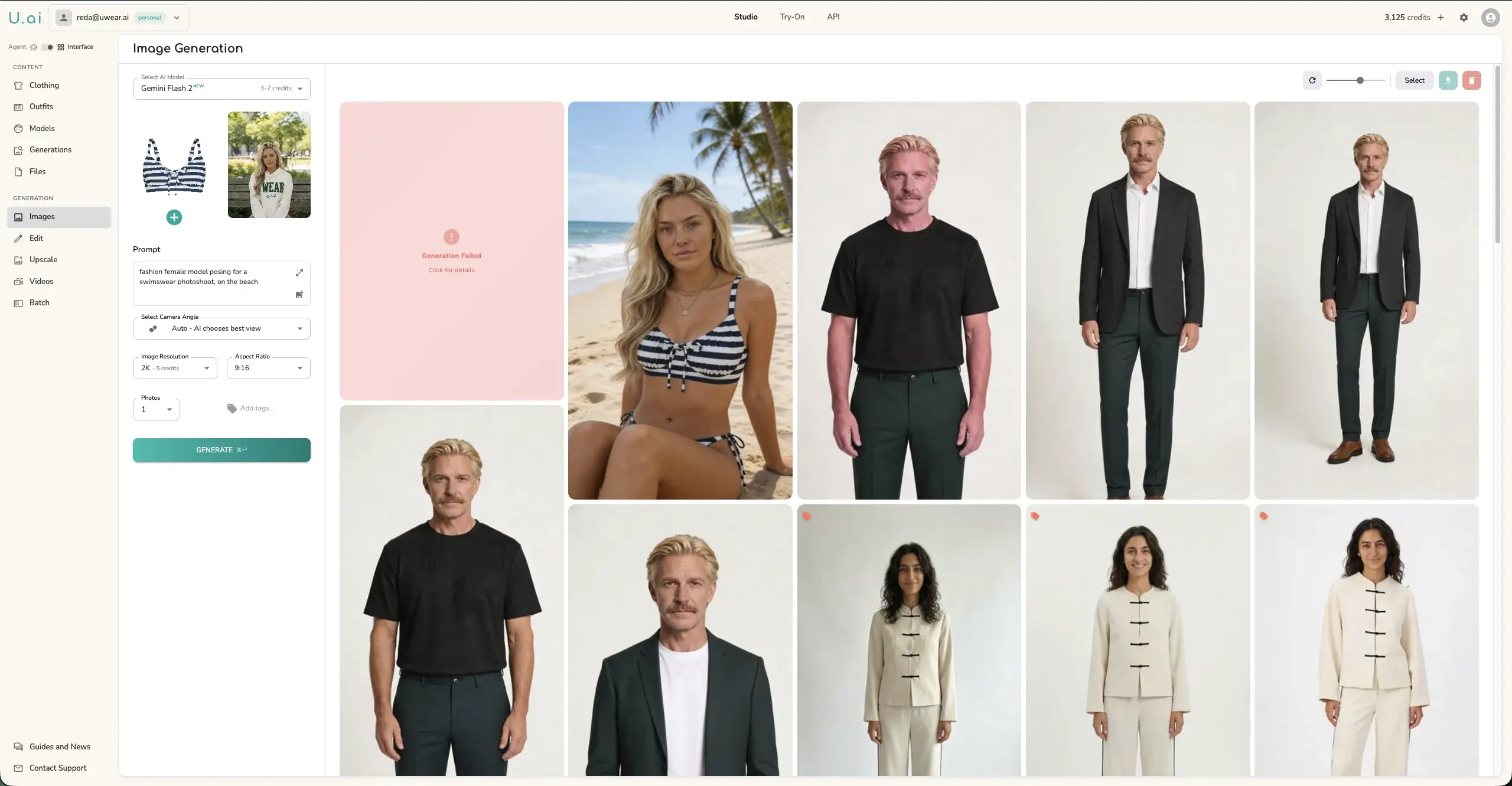 Uwear Studio screenshot showing Gemini Flash 2 returning a Generation Failed error on a bikini photo, demonstrating content filter restrictions for two-piece swimwear