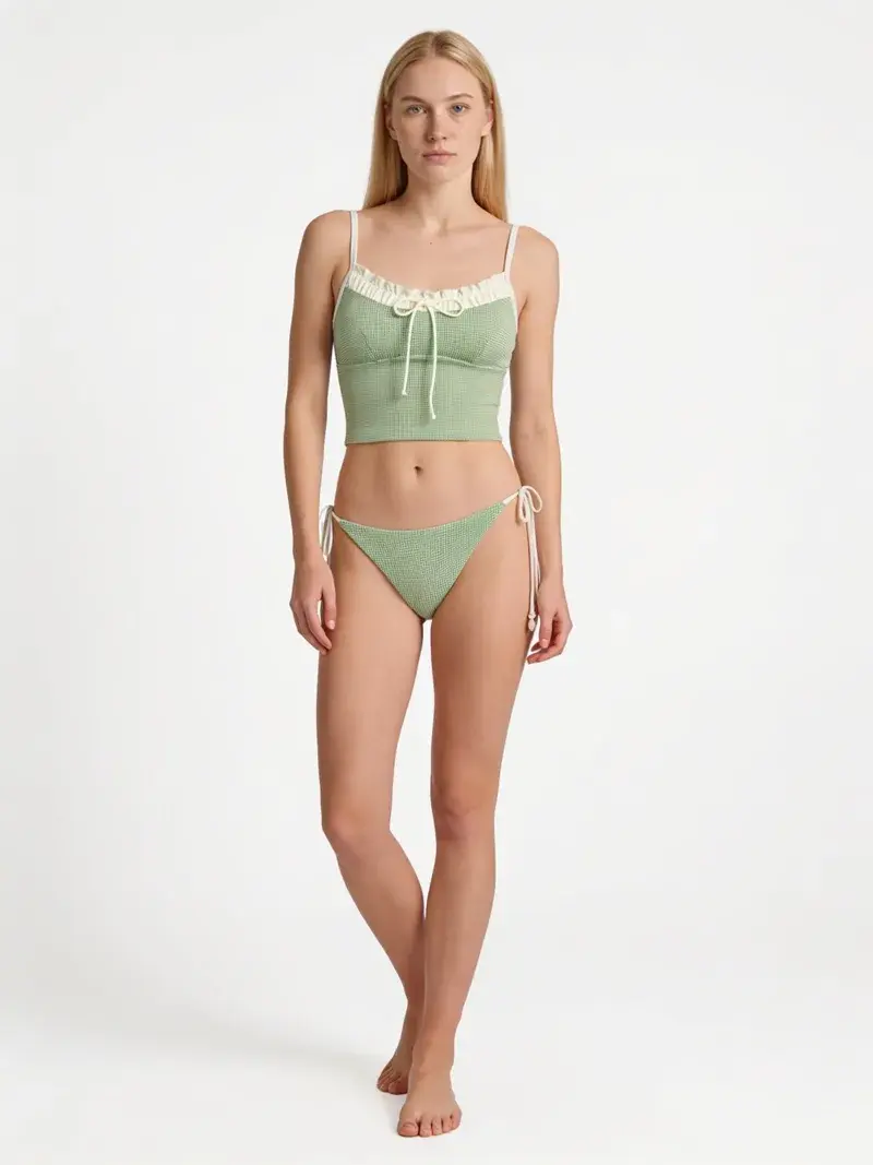 Gingham bikini set generated on-model with SeedDream 4.5, showing a softer gingham weave