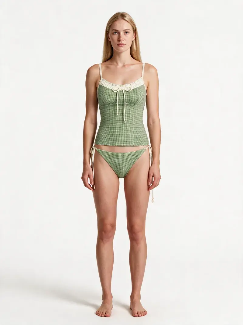 The same gingham bikini set on the same model generated with Seedream 5.0 Pro, showing a crisper gingham weave and sharper fabric detail