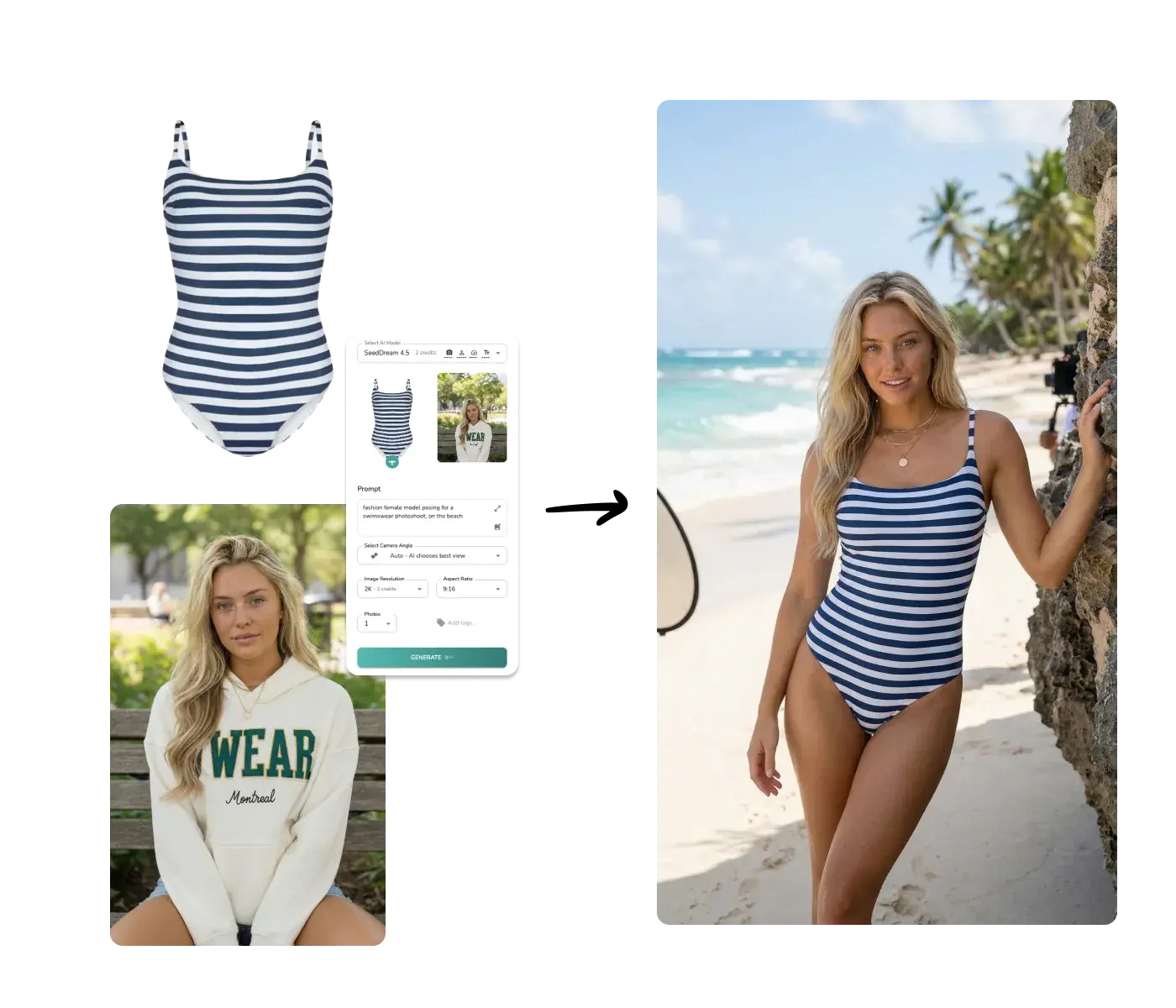 AI-generated model wearing swimwear product from flat-lay photo using Uwear AI Studio