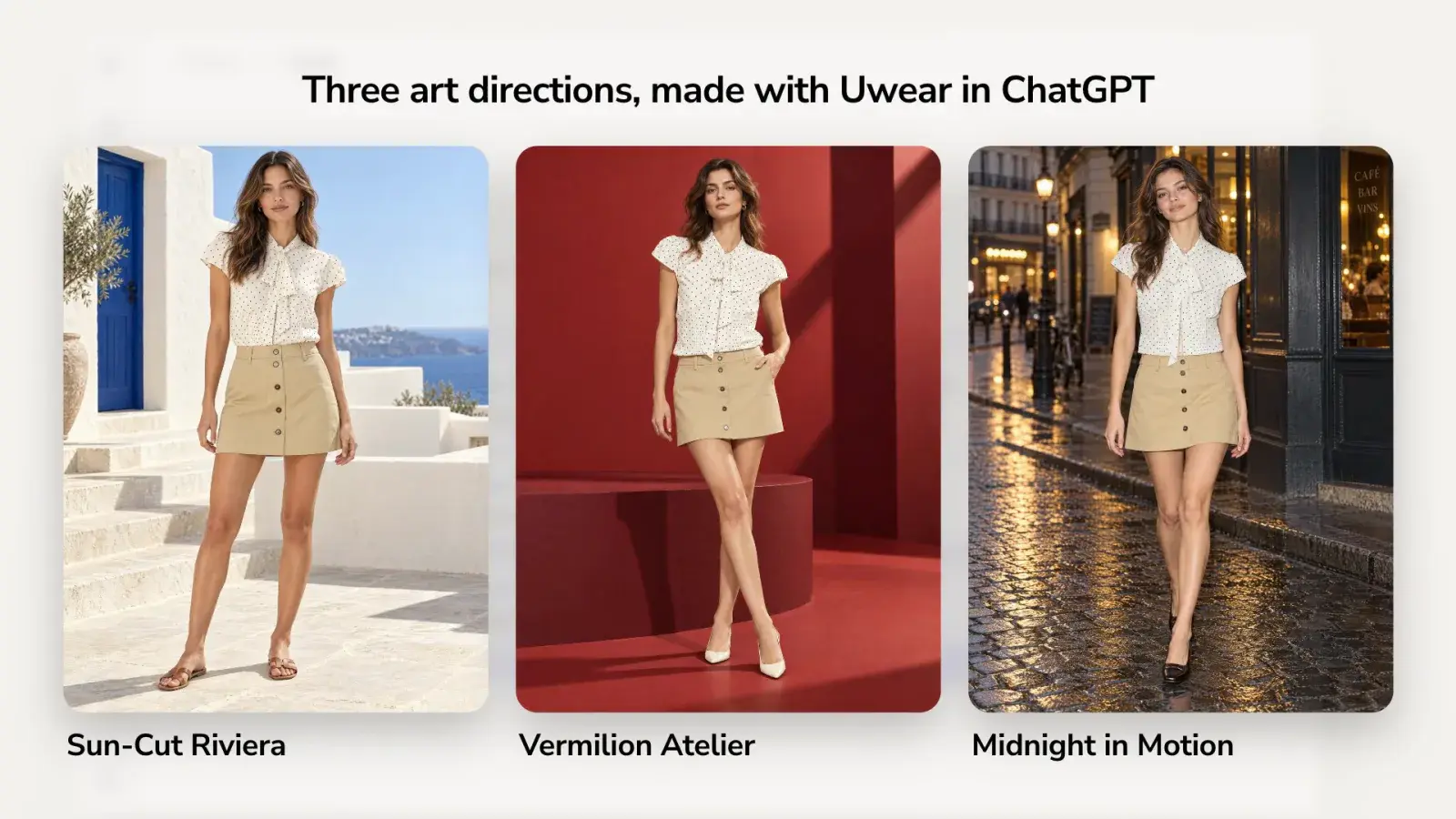 Three photos of one polka-dot blouse and khaki mini skirt in three art directions, generated with GPT Image 2.5 (High) through the Uwear plugin in ChatGPT