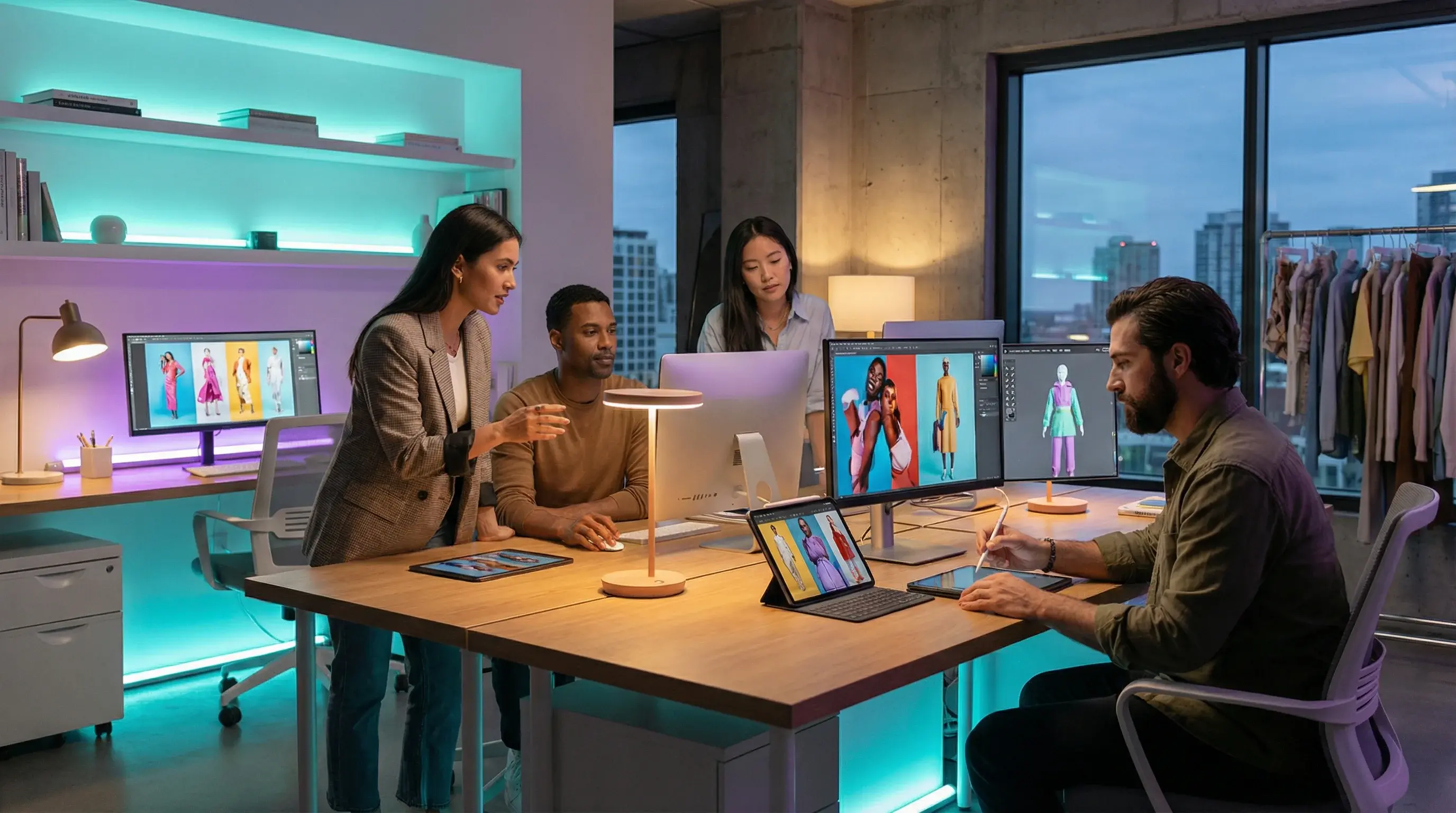 Fashion technology team collaborating on AI-powered content creation