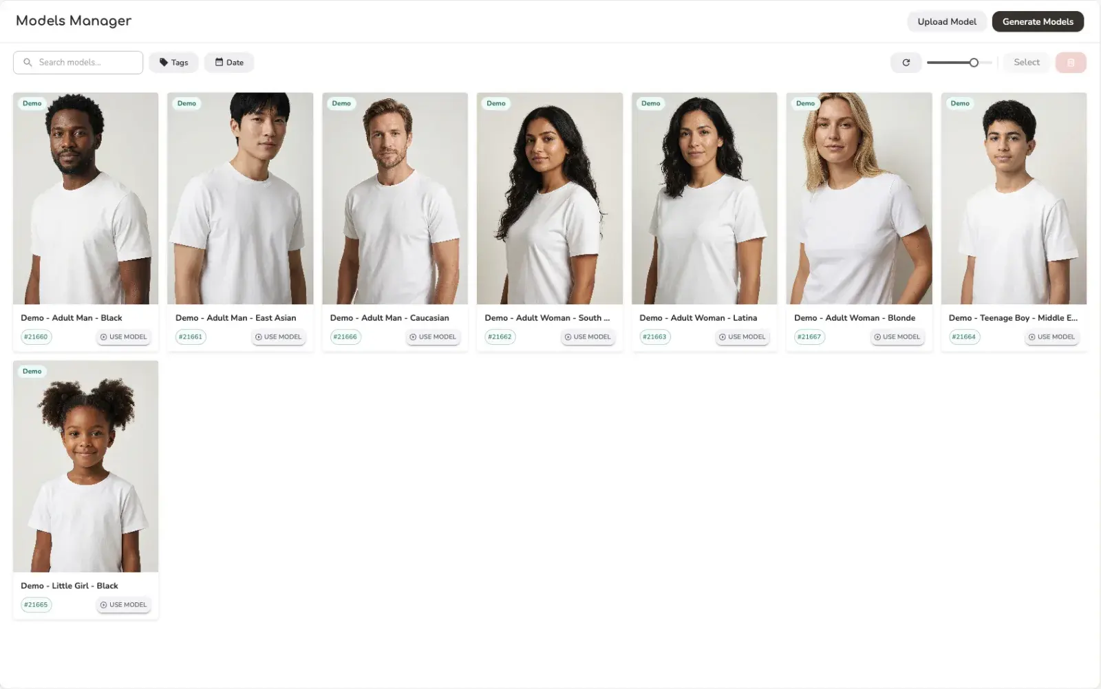 Uwear Studio Models Manager showing eight new demo avatars with use model buttons and avatar IDs