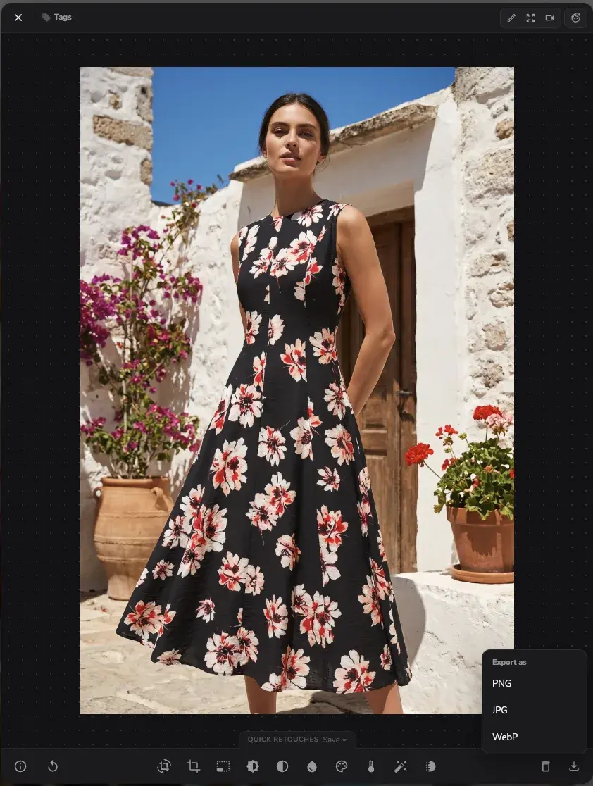 PNG JPG ve WebP secenekleri olan Uwear export menusu
