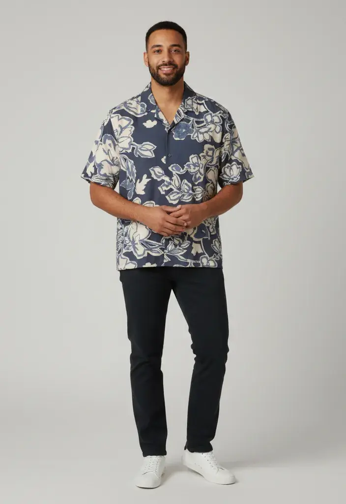 AI-generated on-model fashion photo showing accurate garment fidelity on a professional studio background