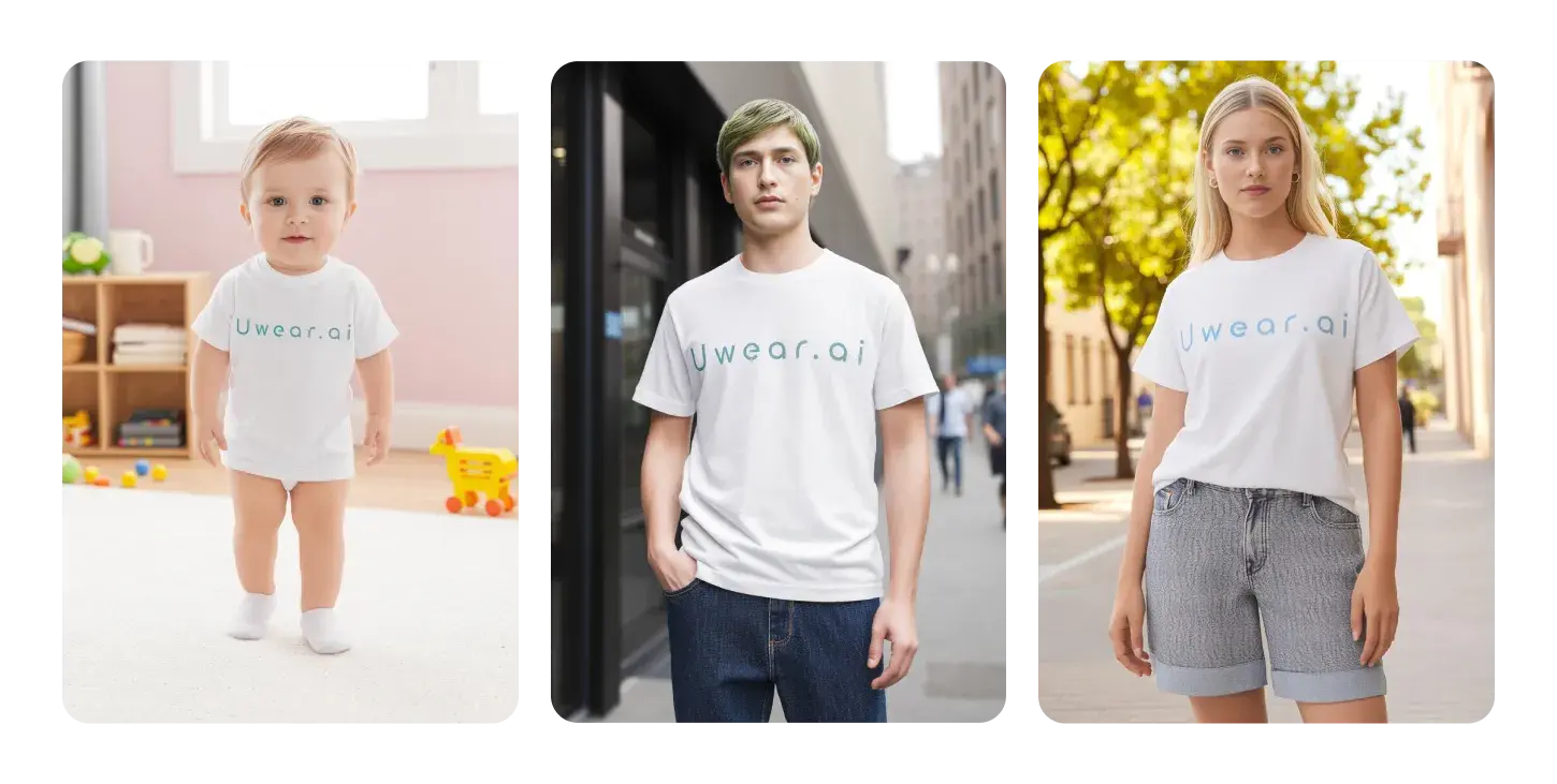 Three diverse AI-generated models wearing Uwear.ai branded clothing