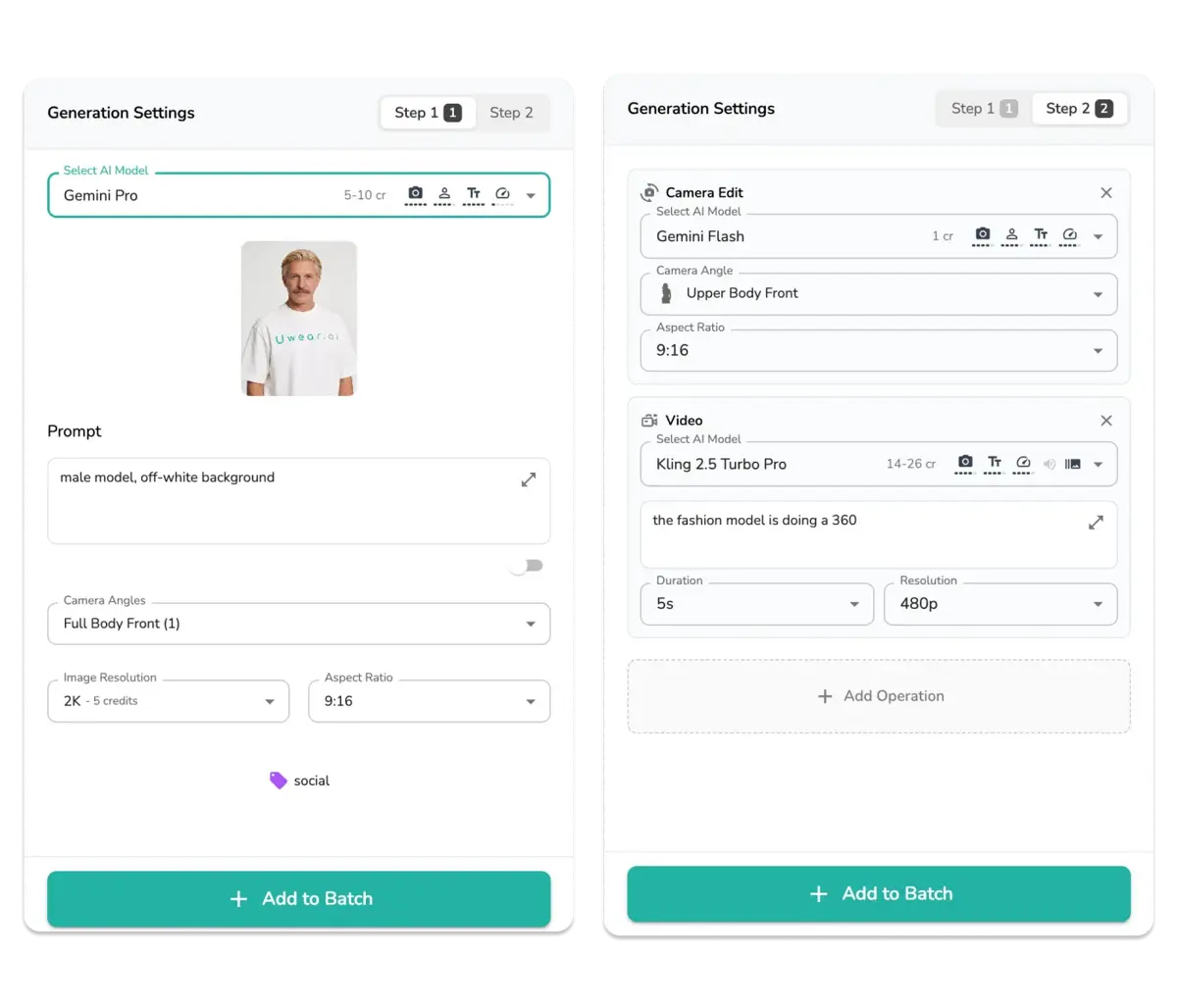 Uwear batch generation workflow showing CSV upload, AI model selection, and bulk processing of thousands of product images