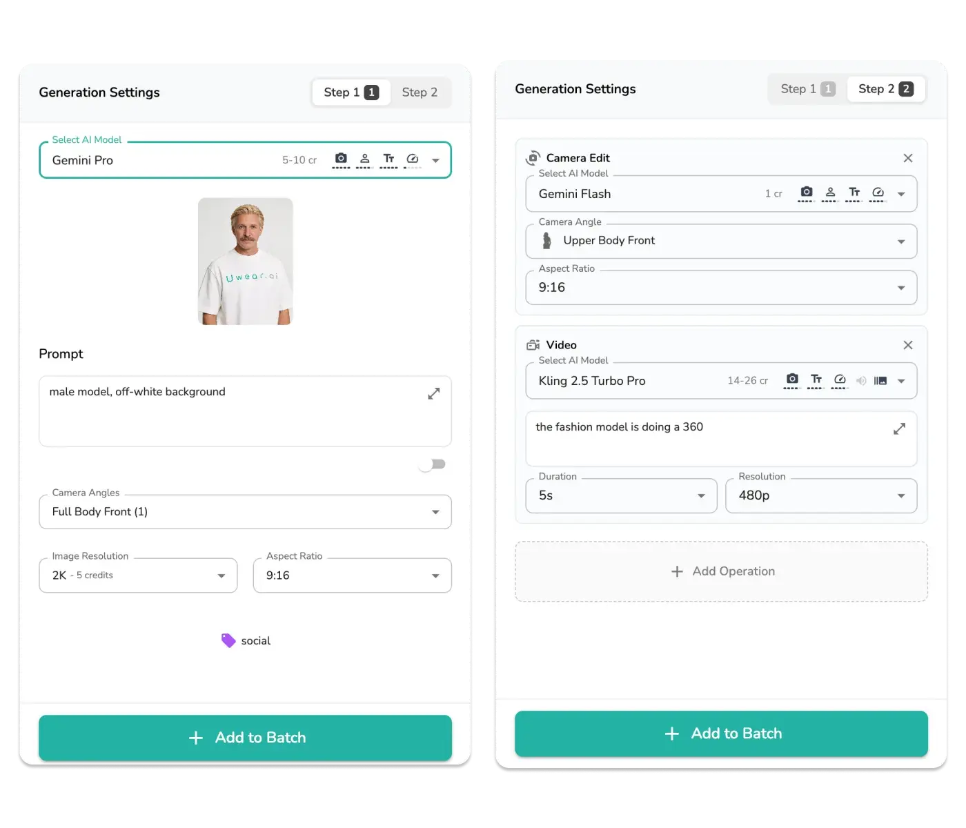 Uwear Studio batch generation settings showing Step 1 with AI model selection, prompt, and camera angles, and Step 2 with chained camera edit and video generation operations