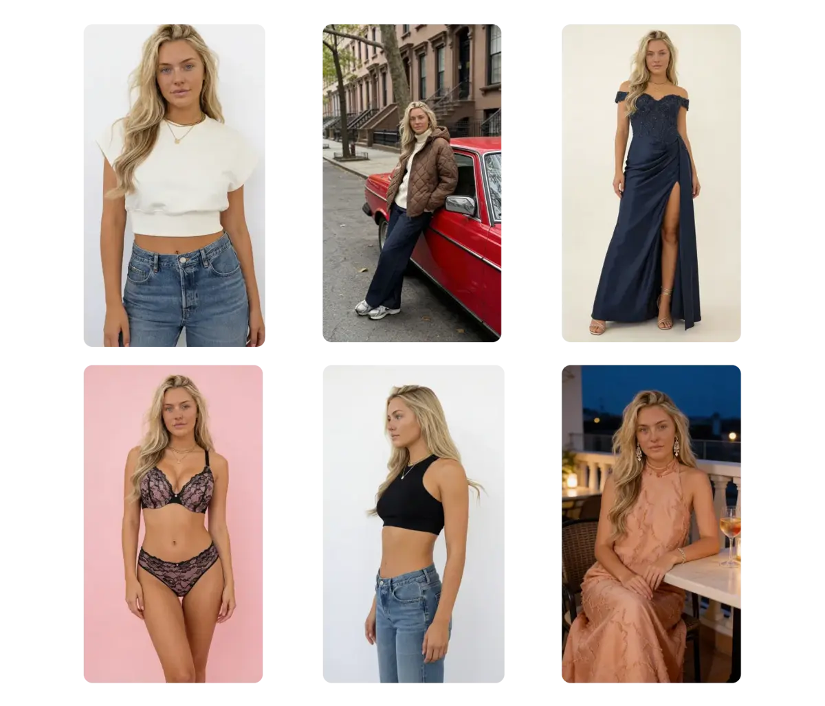 Consistent AI fashion model wearing different outfits while maintaining the same face, body type, and styling across catalog