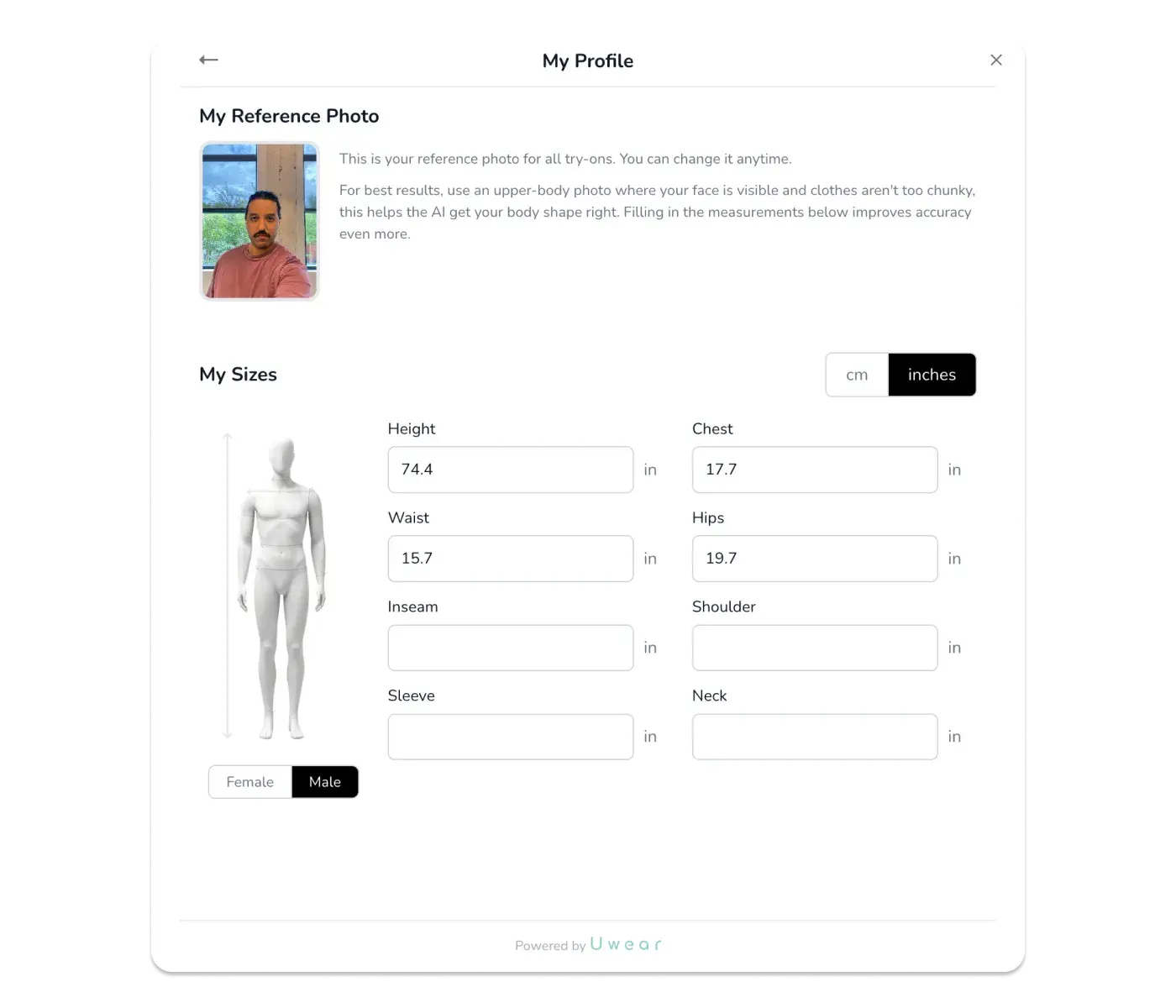 Uwear Try-On profile view showing personal reference photo, body measurements, and size preferences in the Shopify widget