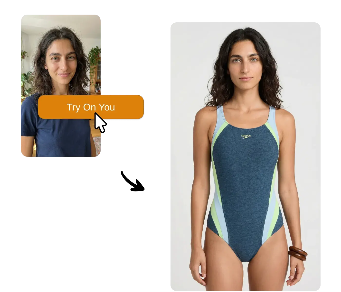 Uwear One-Click Try-On interface showing AI-generated photos of shoppers visualizing themselves in clothing products