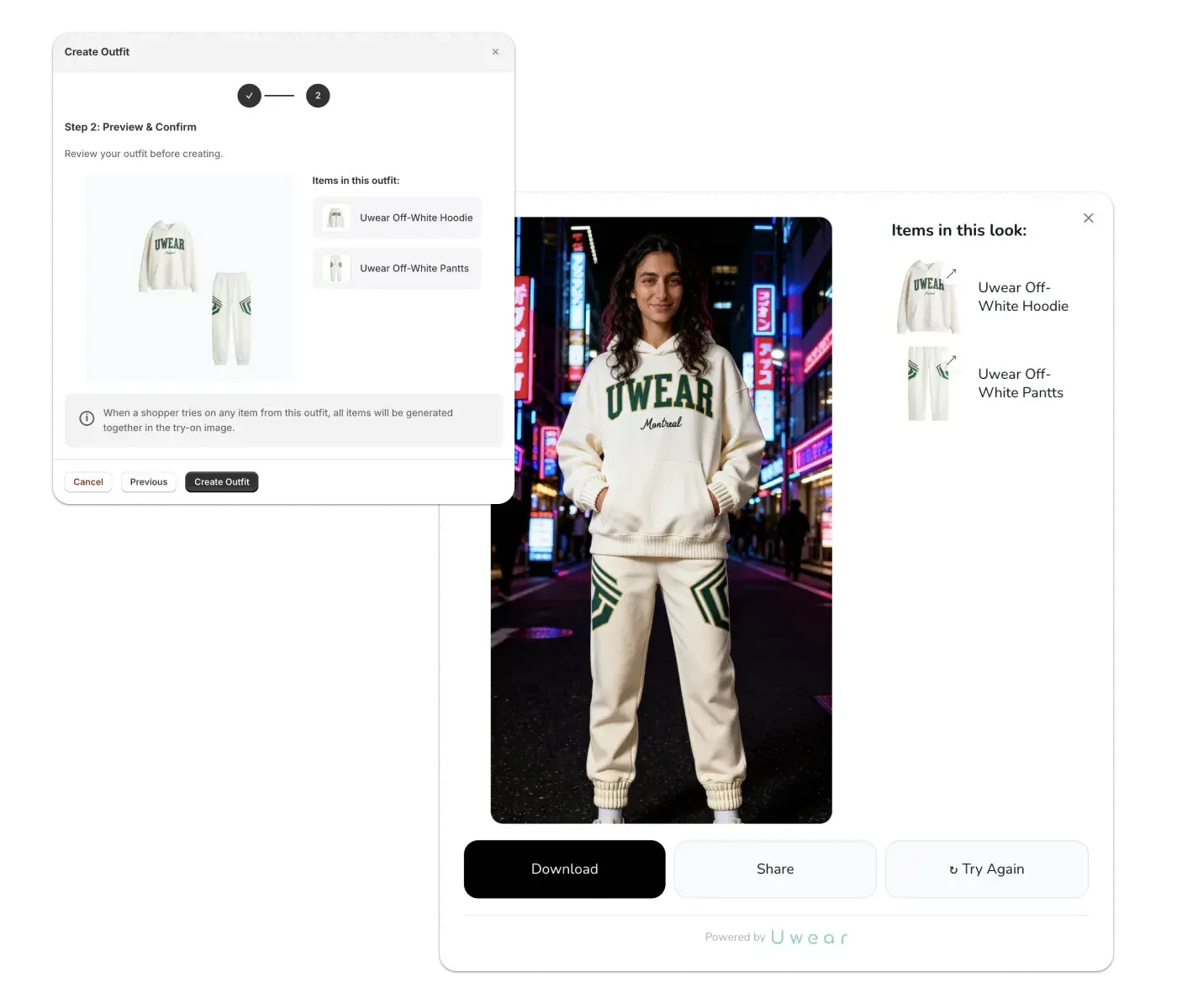 Outfit grouping feature showing complete looks generated together in Uwear Try-On