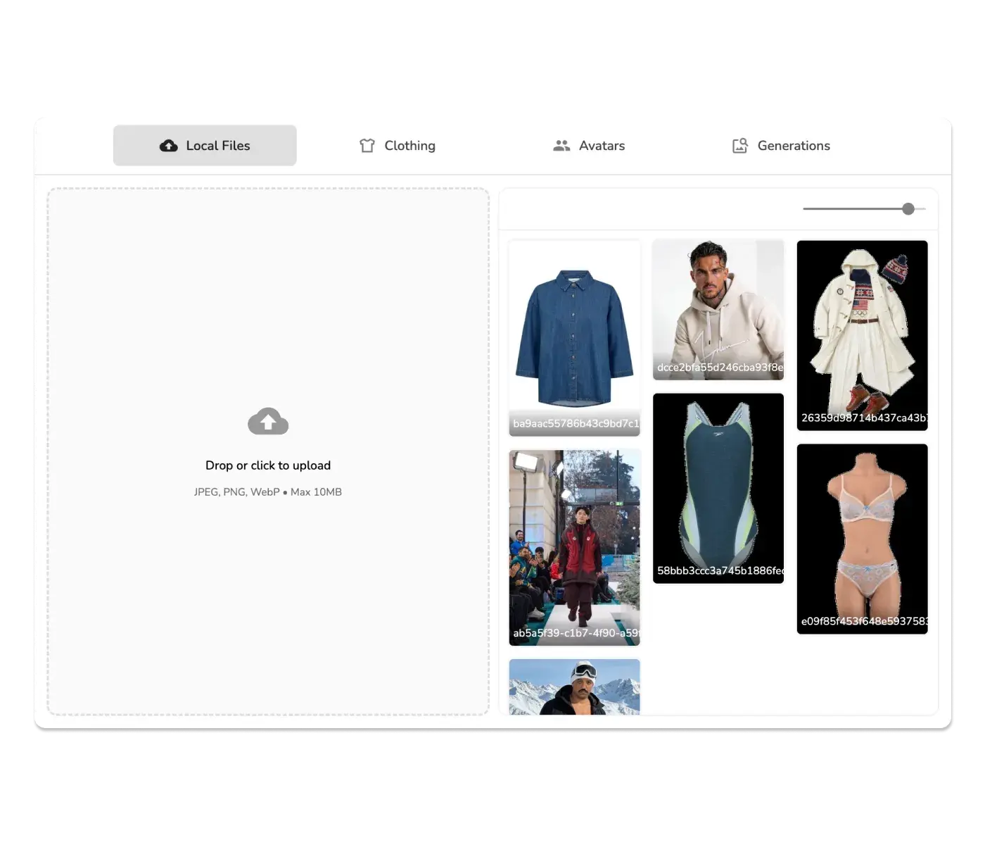 Uwear Studio Uploaded Files Gallery showing reference image grid with hover actions and batch generation masonry results view