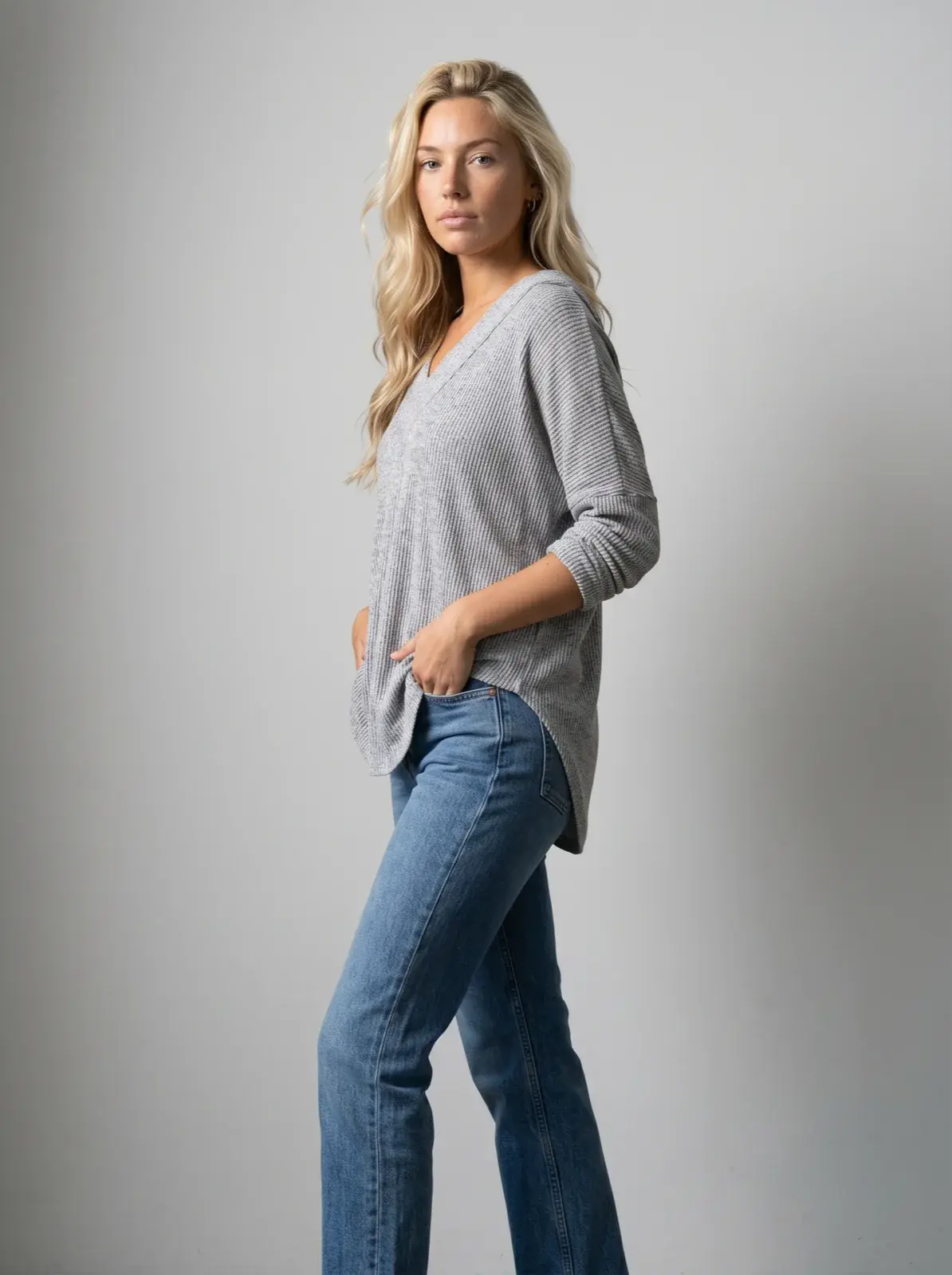 Ribbed V-neck top, generated on-model listing image — Full body