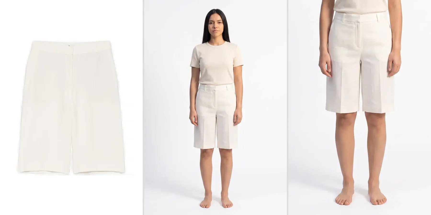 Three panels: cream tailored shorts photographed on a ghost mannequin, the same shorts worn by a dark-haired model standing barefoot in a white studio, and a waist-down crop of that photo, the framing Amazon’s 2021 clothing guide recommends for shorts