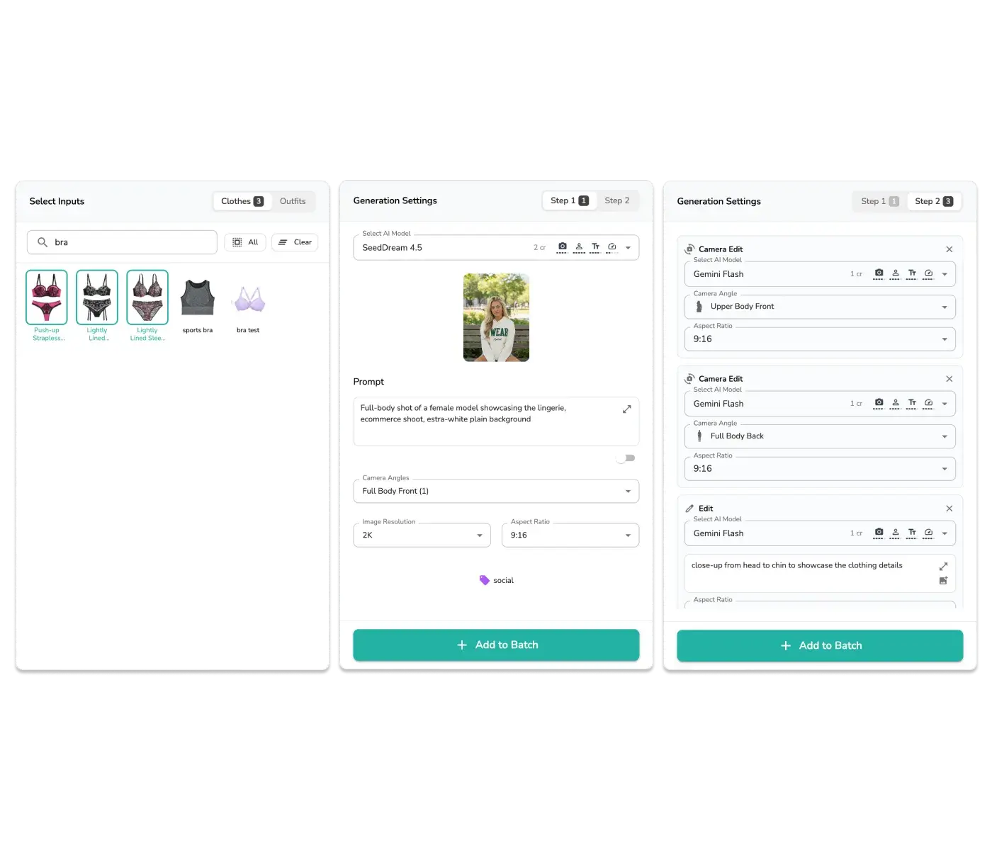 Interface de generation par lots Uwear montrant plusieurs produits de soutiens-gorge en file d'attente avec des parametres de generation identiques