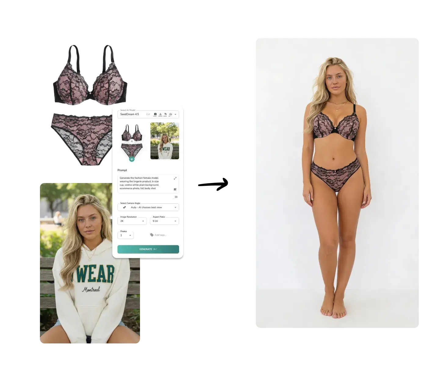 Uwear AI Studio generant une photo de soutien-gorge porte a partir d'un a plat et d'une reference mannequin avec SeedDream 4.5