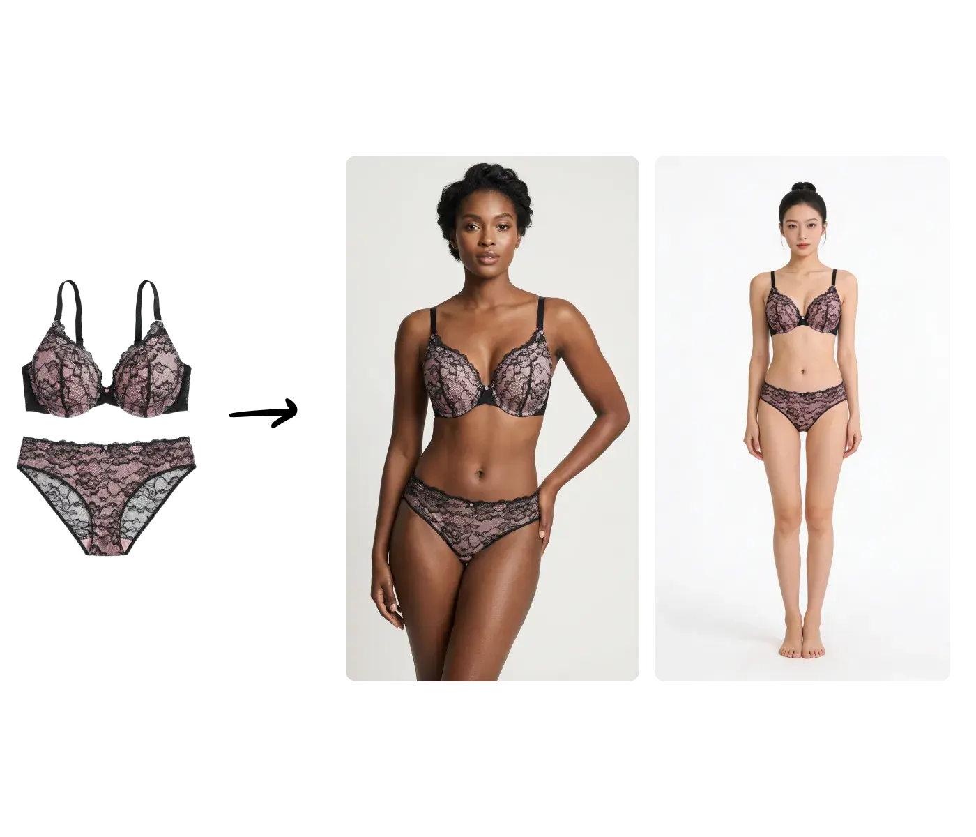 Meme soutien-gorge a plat genere sur deux mannequins IA differents — une femme noire et une femme chinoise — demontrant la generation diversifiee par prompt