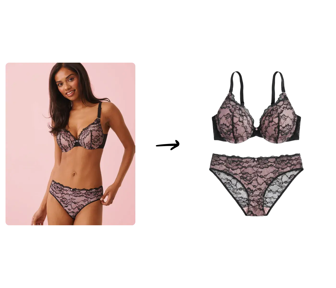 Photo de soutien-gorge porte sur mannequin convertie automatiquement en packshot a plat par le traitement d'image IA Uwear