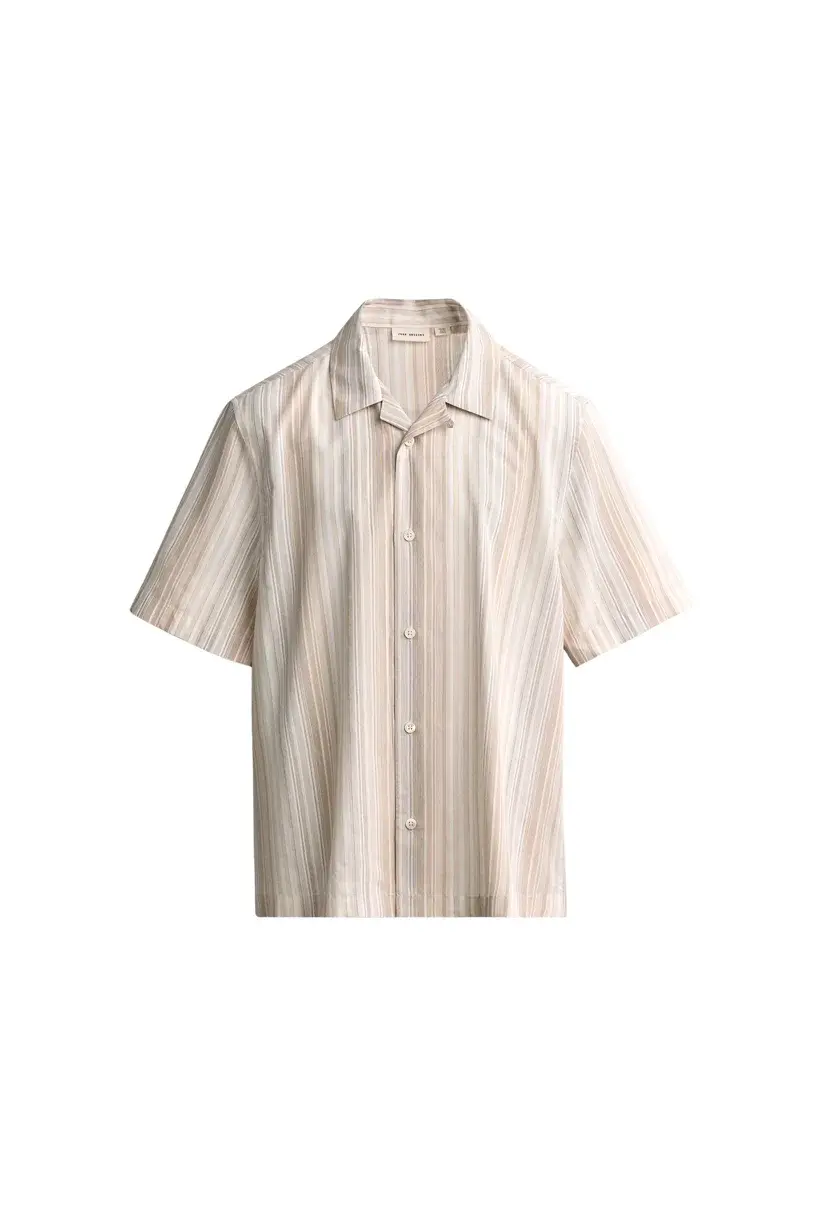 Front product packshot of a beige striped resort shirt used as an input for AI fashion generation in Uwear