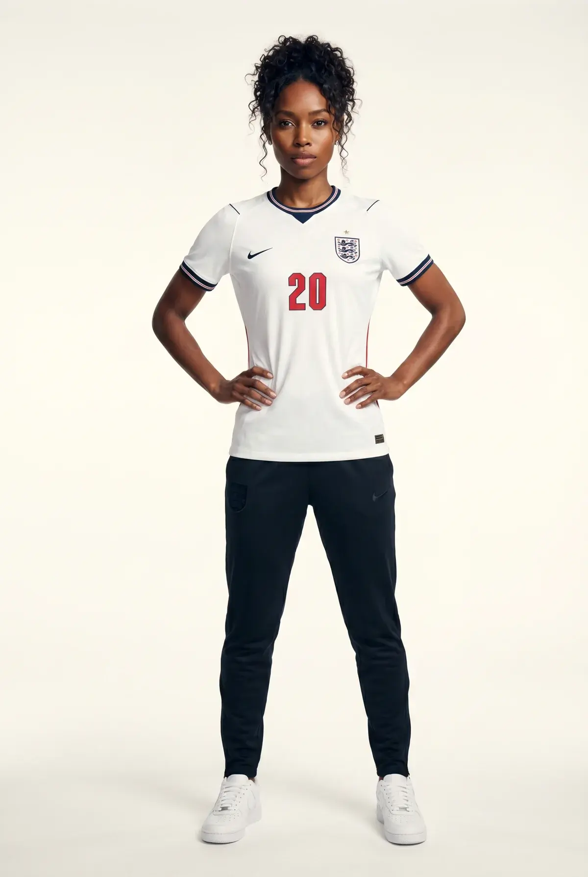 Generated full body AI model wearing a white Cole Palmer England National Team Nike womens 2026 jersey