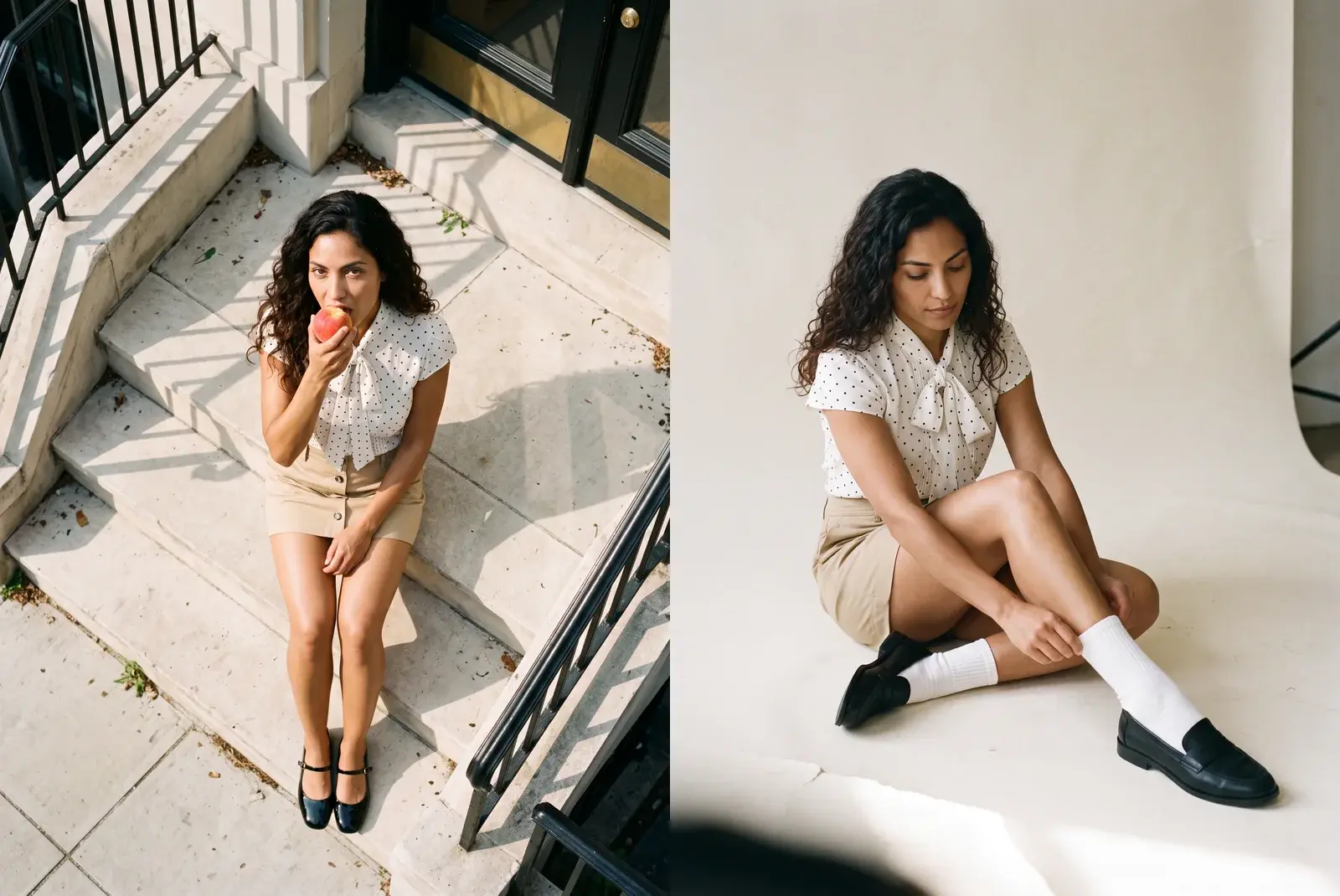 Two fashion photos of the same polka-dot blouse and khaki mini skirt generated with Gemini 2.1 and Uwear art directions: a model seated on stone steps seen from above in hard sun, and the same model seated on a bone paper studio set in window light