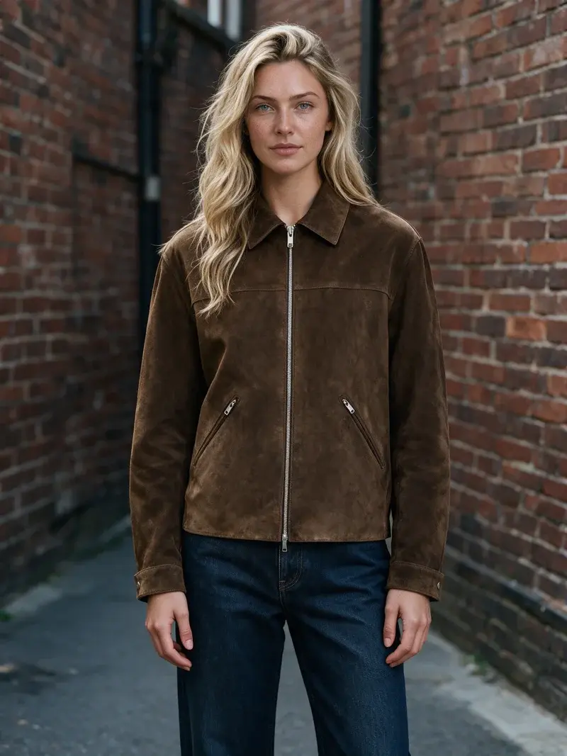 AI-generated on-model photo of a suede zip jacket, Urban Brick Editorial art direction, generated with Seedream 5.0 Pro on Uwear
