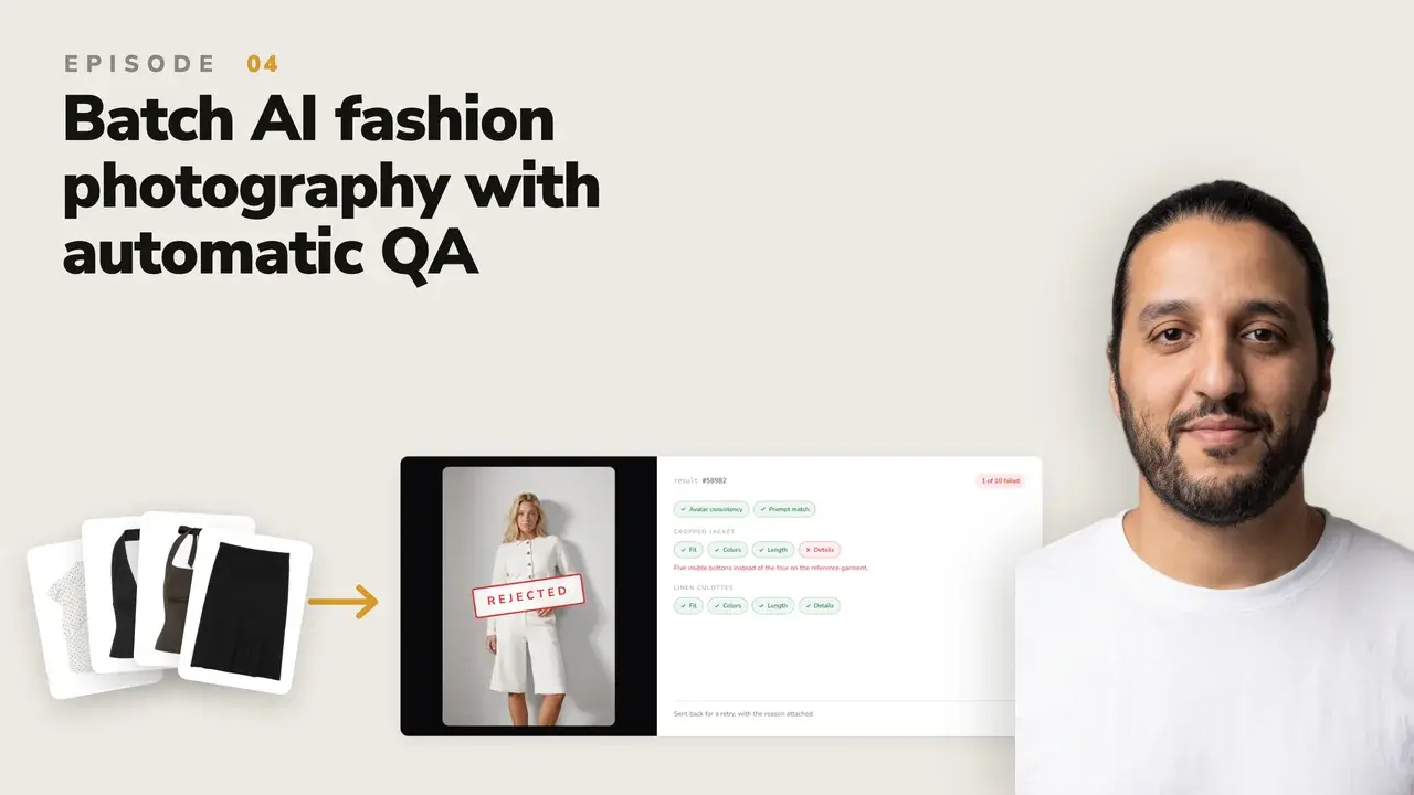 Uwear tutorial thumbnail for episode 4: four garment packshots go into one batch, and a QA review card rejects a result with its reason, beside the presenter