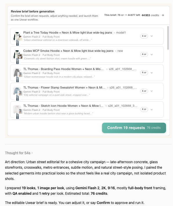 Review brief before generation screen listing paired looks with per-request credit costs and a Confirm 19 requests button totaling 76 credits