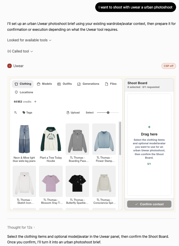 Uwear MCP app rendered inside the chat, with clothing tiles on the left and an empty Shoot Board waiting for a selection on the right