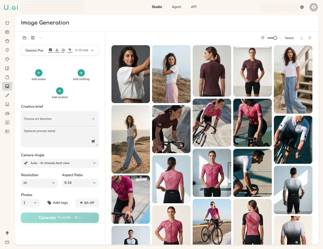 Current Uwear Studio generate workspace with garment, model, art direction, camera, format, and QA controls beside generated fashion images