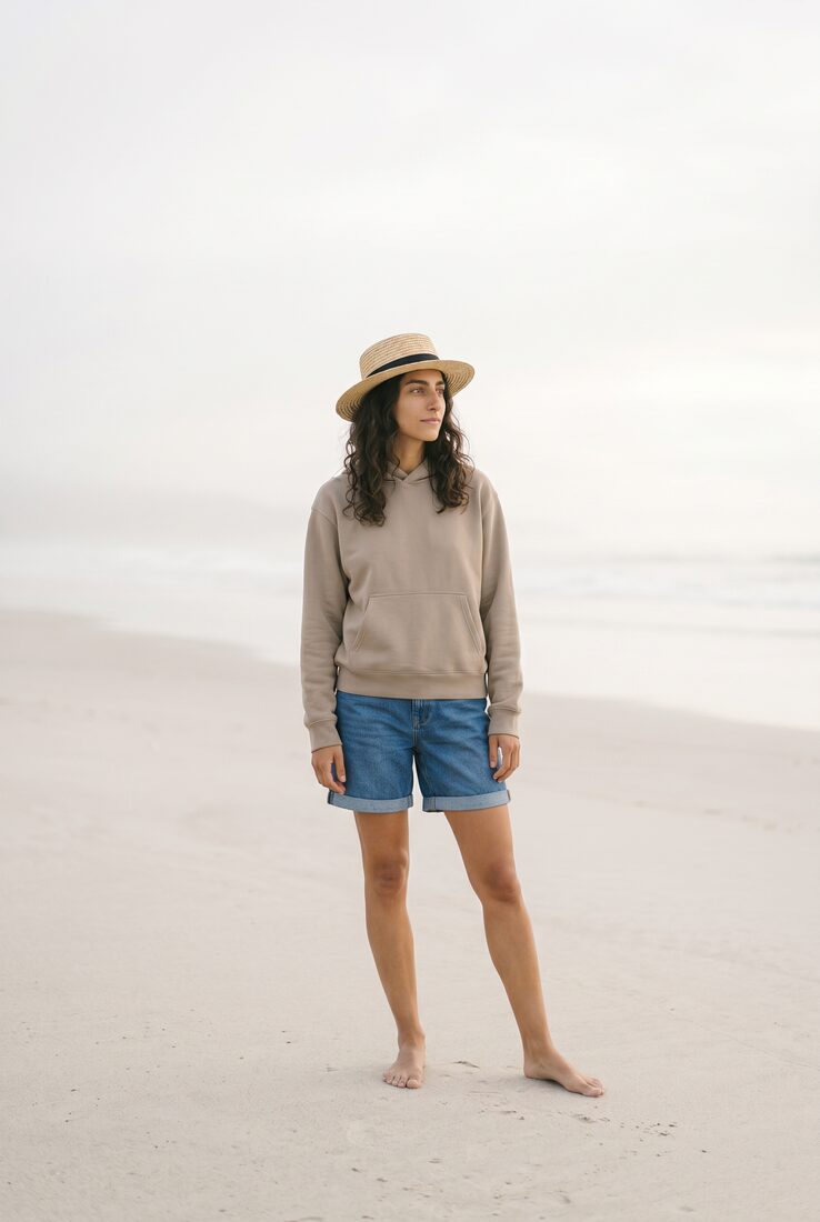Coastal direction: taupe hoodie and denim shorts on the sand