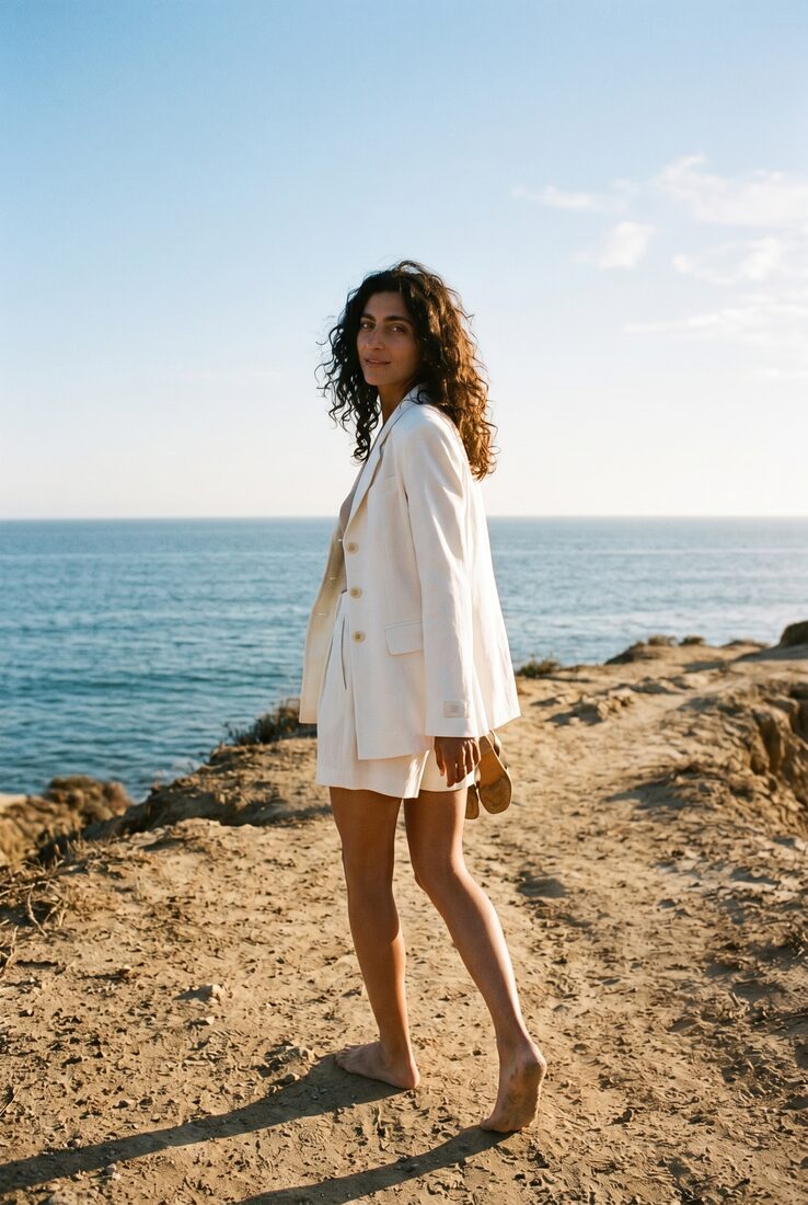 Coastal direction: linen blazer and shorts on the shoreline