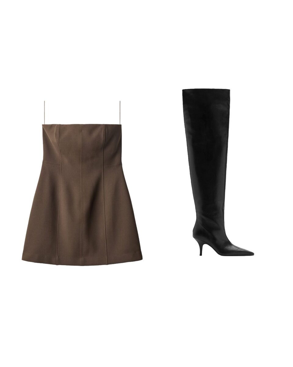A saved outfit made of its individual garments: a brown dress and black boots
