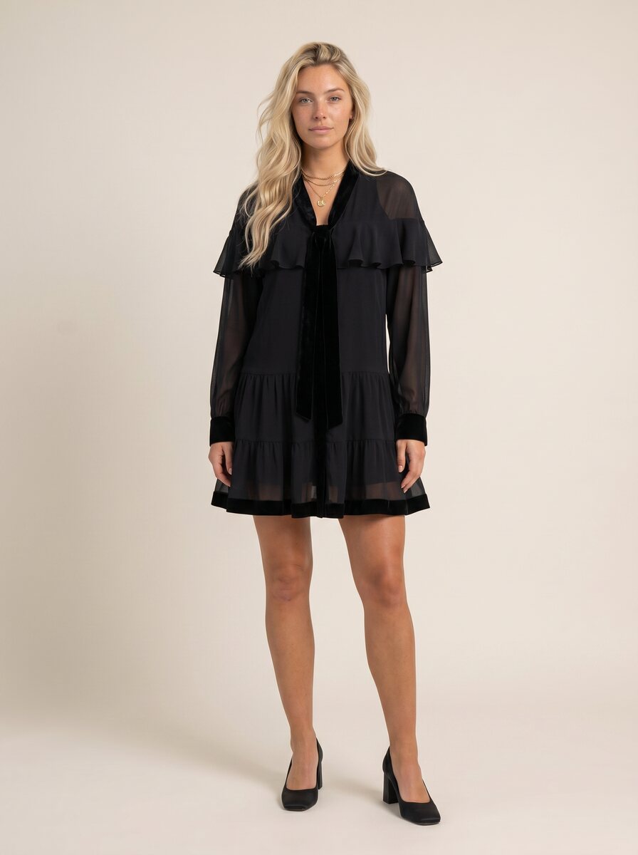 Generated editorial shot of Oli in the black velvet mini dress