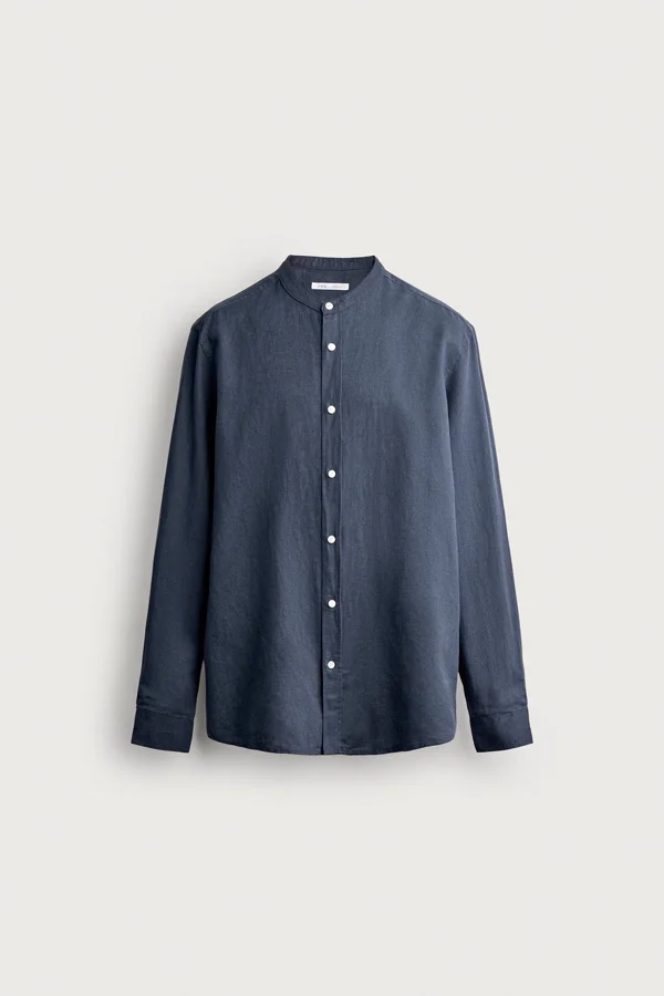 Uploaded product photo of a navy linen band-collar shirt