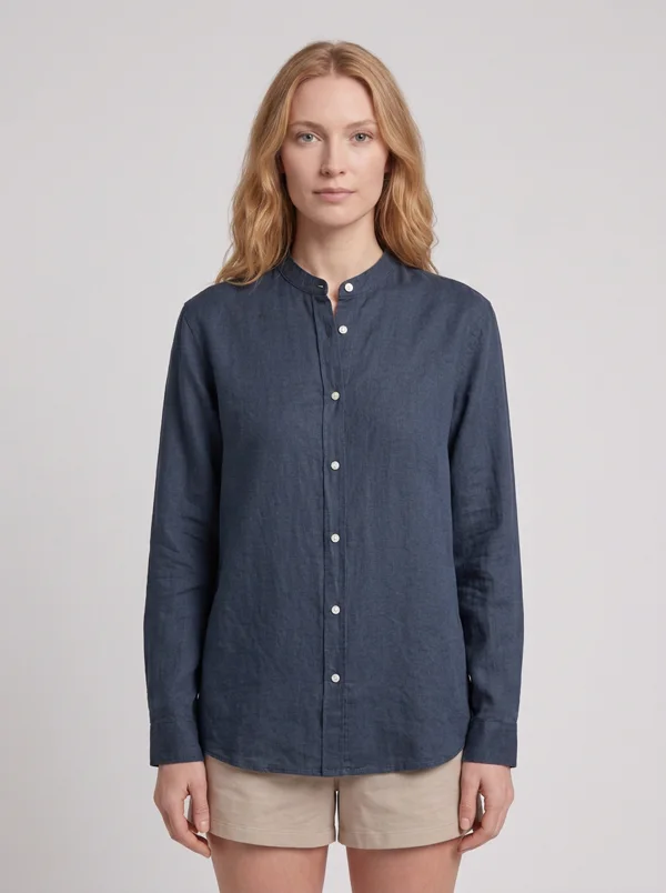 Upper-body detail of the linen shirt on the same model, generated with Gemini Flash 2